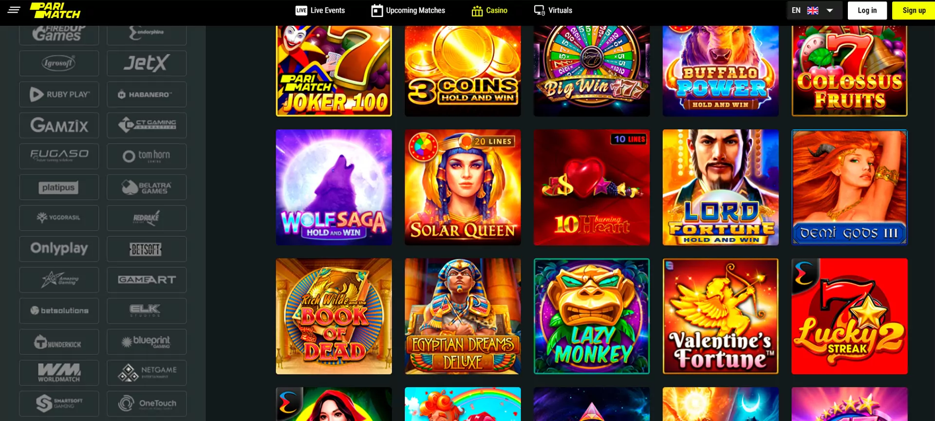 Go to the Casino section at Parimatch website and start gambling.