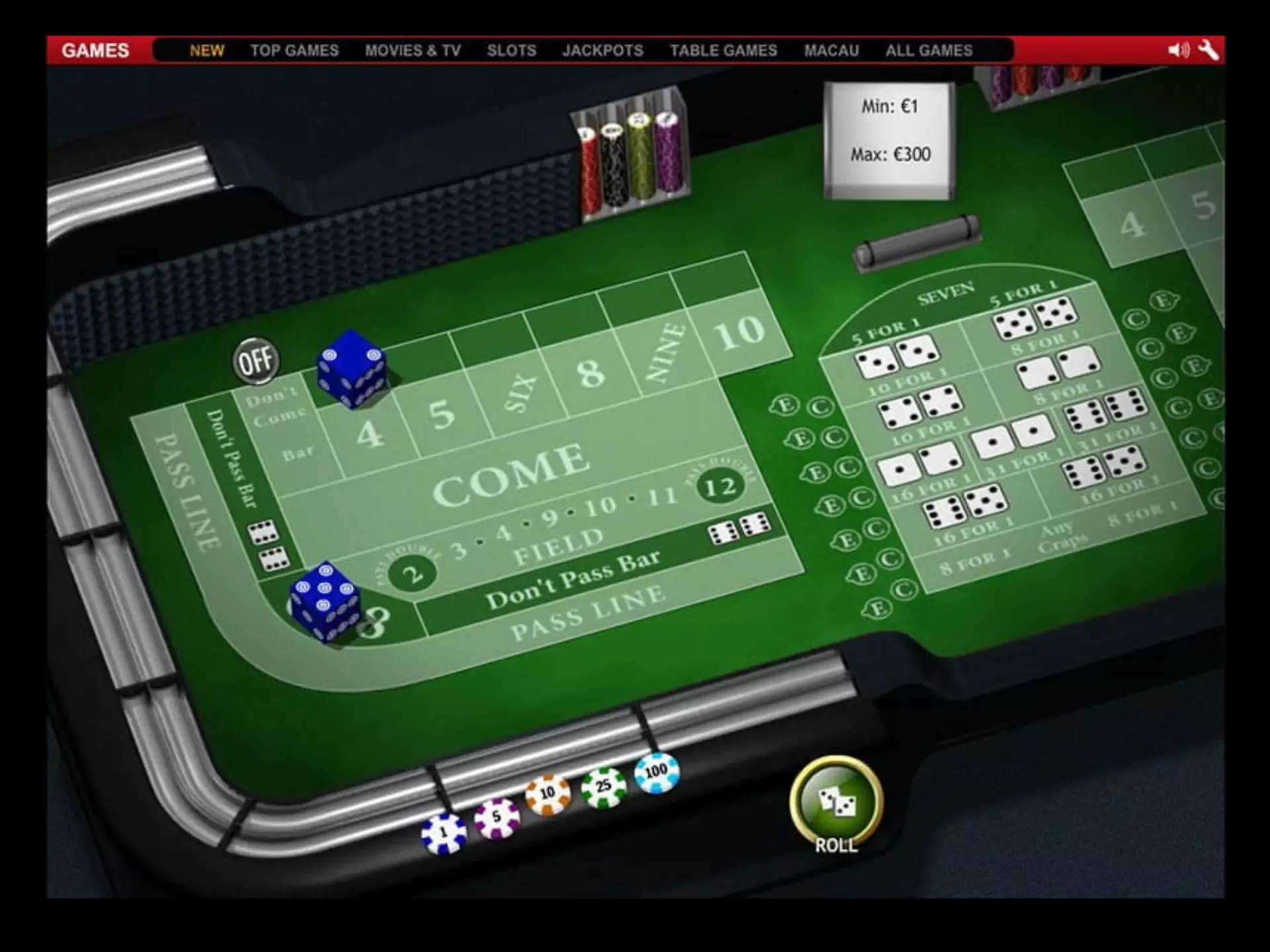 Log in to any online casino, find the Craps game and start playing on money.