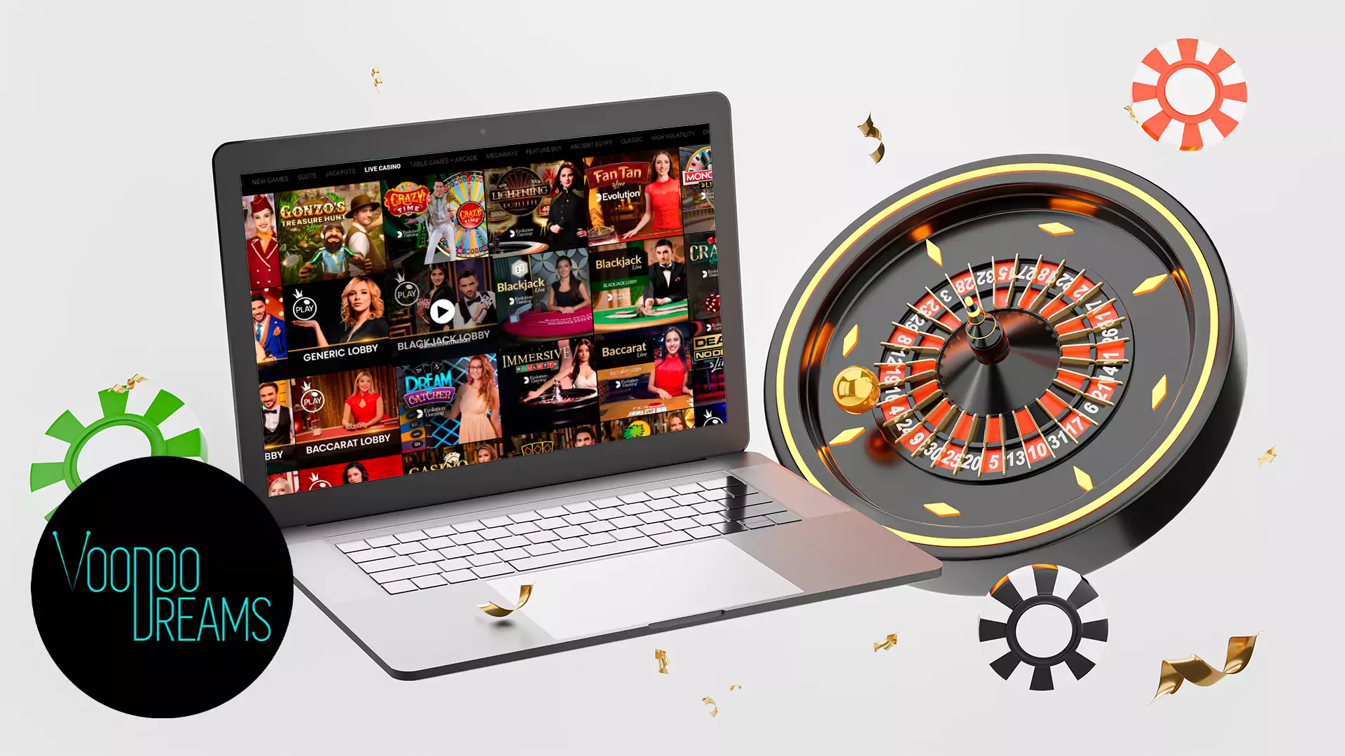 Experience the atmosphere of a real casino in the Voodoodreams LIVE section.