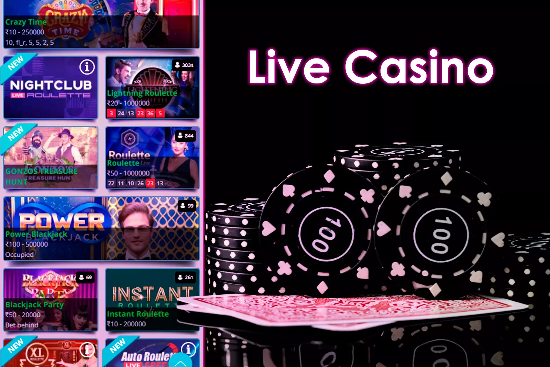The Live Casino section allows users to play casino games with a live dealer.