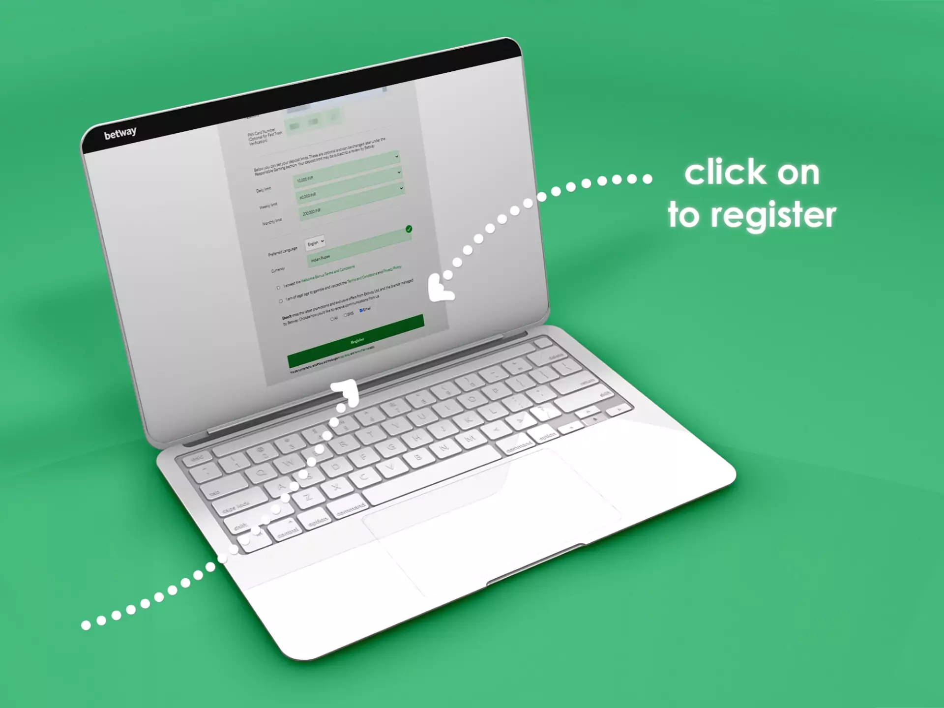 Complete the registration on the Betway website by clicking on the 'Register' button.