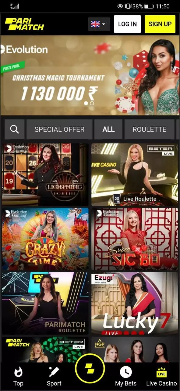 Live Casino Section in the Parimatch App.