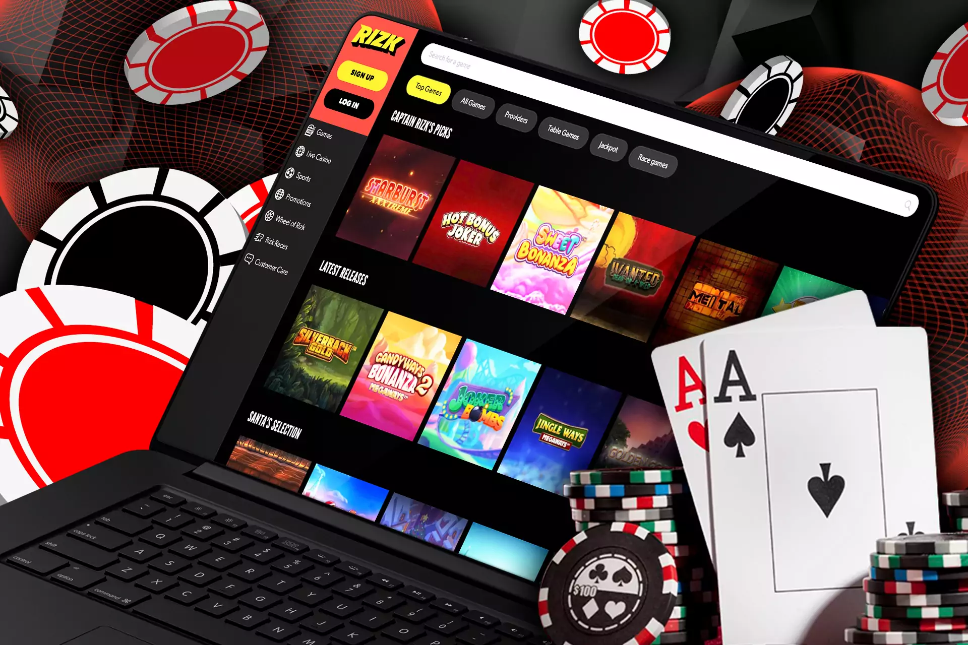 In the Rizk Casino, you can play slots and table games, wheel of Rizk and card games with real dealers.